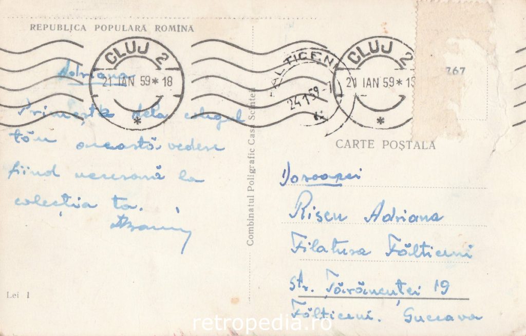 Clădirea istorică a Universității Bolyai din Cluj în anul 1959, verso