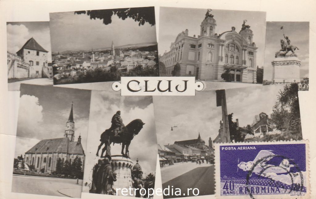 Cadru stradal central din Cluj în anul 1961 cu mașini de epocă, fata