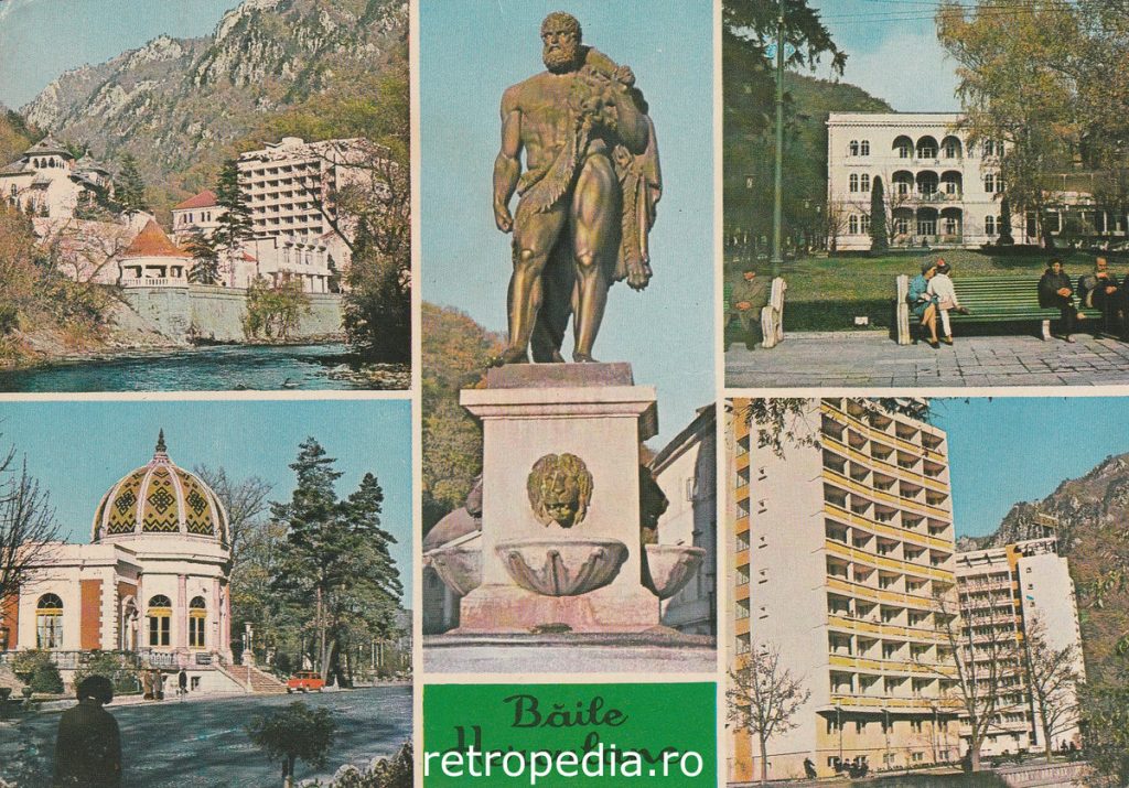 Vedere panoramică cu stațiunea balneară Băile Herculane în anul 1973, fata