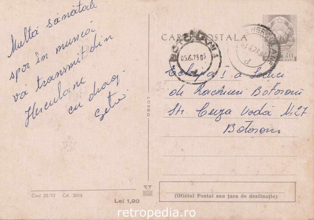 Vedere panoramică cu stațiunea balneară Băile Herculane în anul 1973, verso