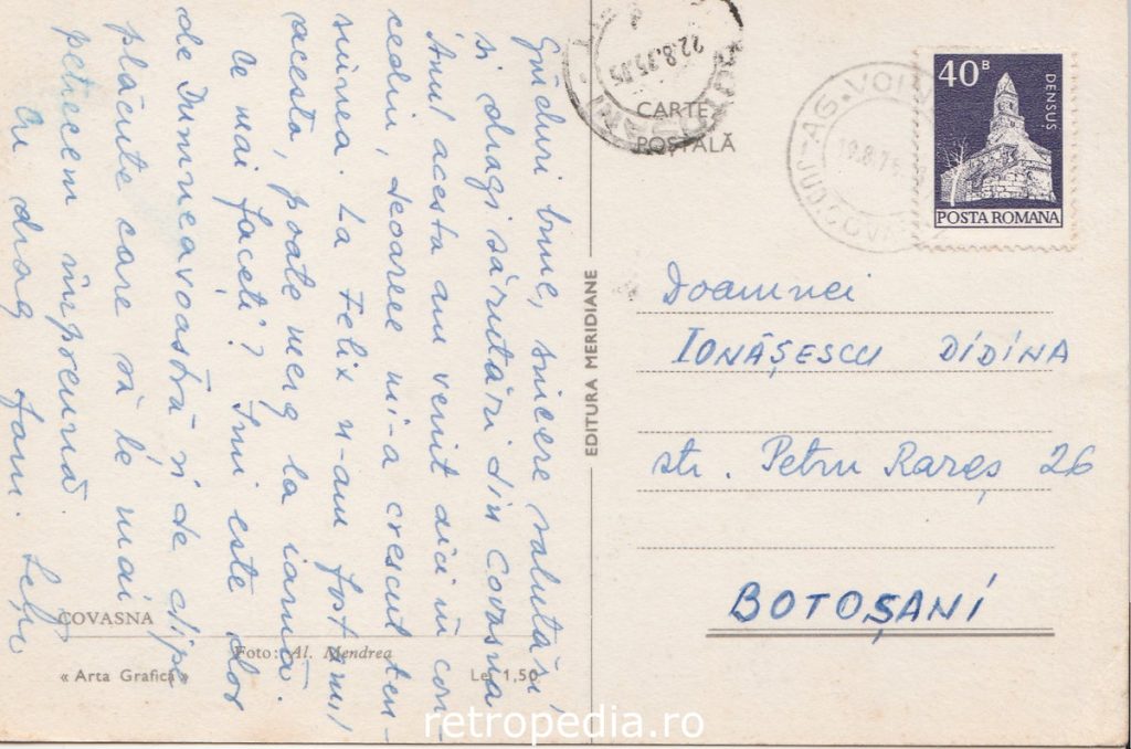 Vedere generală din zona de promenadă a stațiunii Covasna în anul 1975, verso