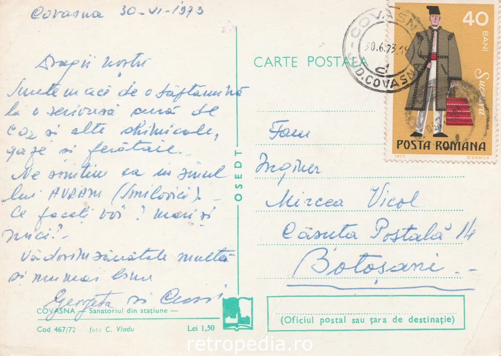 Clădirea principală a Sanatoriului balnear din stațiunea Covasna în anul 1973,verso