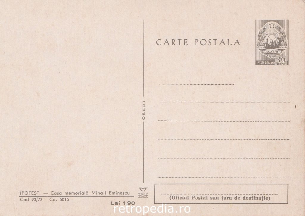 Casa Memorială Mihai Eminescu de la Ipotești fotografie de epocă, verso